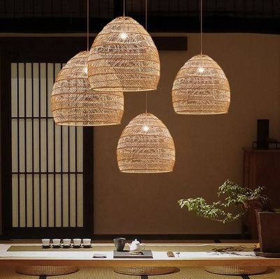 Lámpara de candelabro colgante de ratán redondo moderno para iluminación interior de restaurantes